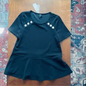 🩷 New River Island Black Peplum Top Rhinestone Accents UK 8 US 4 Retro 80s NWT